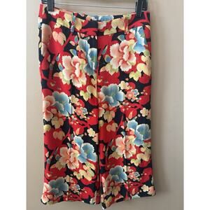 Ann Taylor LOFT Womens 4P Wide Leg Cropped Pants Culottes Red Floral Petites